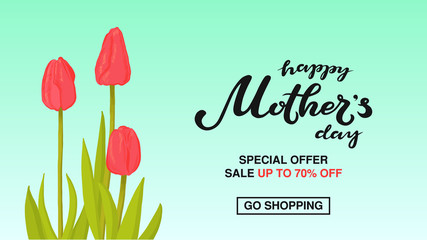 Wall Mural - Happy Mother's Day typography lettering poster on floral frame background. Sale, shopping tag with flower decor. Mothers Day discount card, banner template. Vector illustration.