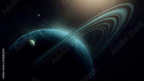 Fotografía planet with rings and moons, planet and satellites sci fi space background reali