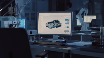 Leinwandbilder -  On the Desk Computer With CAD Software and Design of 3D Industrial Machinery Component. In the Background Robot Arm Concept Standing in Heavy the Dark. Industry Engineering Facility. Engineer Walking