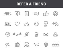 Set Of 24 Refer A Friend Web Icons In Line Style. Referral Program, Marketing, Invite Friends. Vector Illustration.