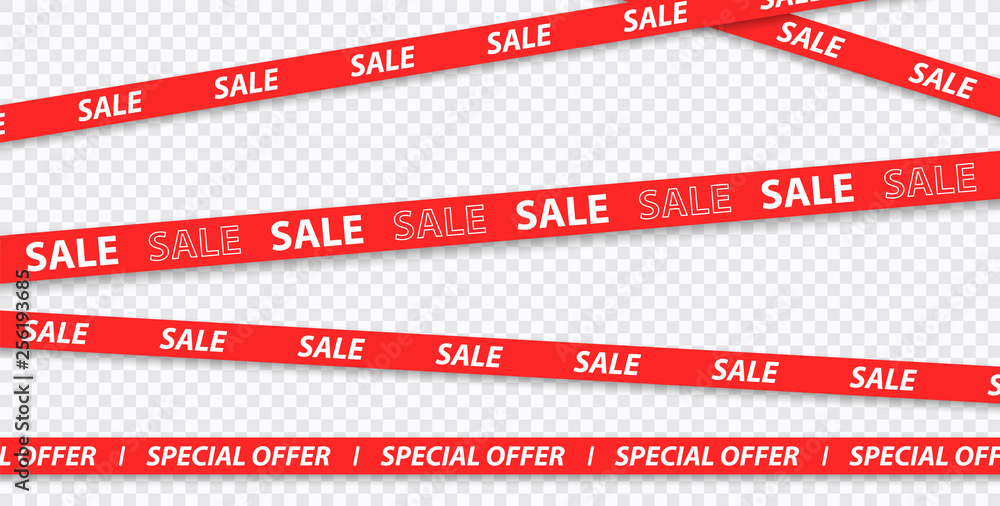 Big sale, discount, mega sale, special offer, red and yellow tapes isolated on transparent background. Vector illustration. - obrazy, fototapety, plakaty 