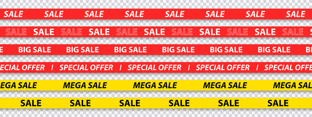 Canvas Print - Big sale, discount, mega sale, special offer, red and yellow tapes isolated on transparent background. Vector illustration.