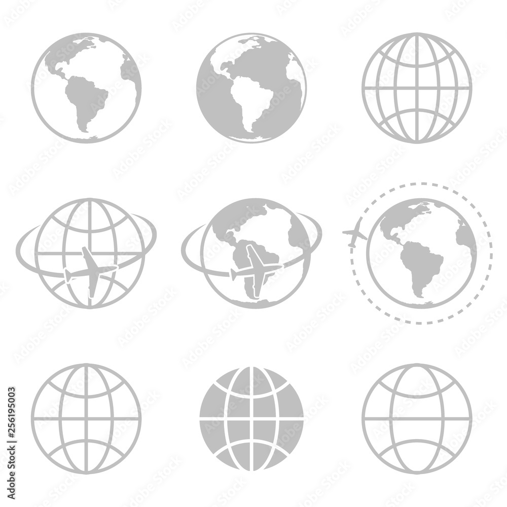Globe and earth planet black icon set. Spherical rounded object. Vector ...