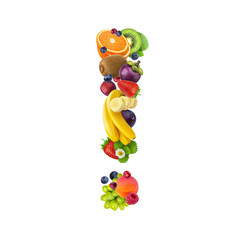 Wall Mural - Exclamation mark made of different fruits and berries, fruit alphabet isolated on white background