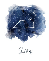 Wall Mural - Zodiac sign Leo. Dark blue hand drawn watercolor night sky with stars. Rough, artistic edges. Raster version.