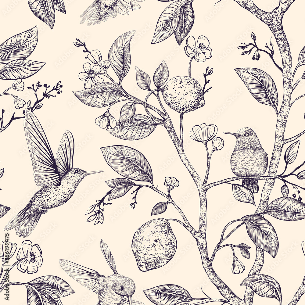 Vector sketch pattern with birds and flowers. Hummingbirds and flowers, retro style, nature backdrop. Vintage monochrome flower design for wrapping paper, cover, textile, fabric, wallpaper - obrazy, fototapety, plakaty 
