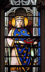 Saint Louis with the Crown of Thorns, stained glass window in Saint Severin church in Paris, France 