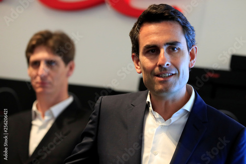 Thomas Reynaud Ceo Of French Broadband Internet Provider Iliad And Nicolas Jaeger Iliad Cfo Attend The Company S 2018 Annual Results Presentation In Paris Photo Stock Adobe Stock