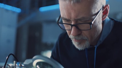 Poster - Electronics Maintenance Engineer Enters His Workshop with Coffee Beginss Soldering of Circuit Board, Looking through Magnifying Glass, Consults Personal Computer. Electronics Repair and Testing