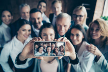 Close Up Blurry Photo Business People Different Age Race Free Time Excited Team Building Hug Embrace Cuddle She Her He Him His Telephone Smart Phone Make Take Selfies  Formal Wear Jackets Shirts