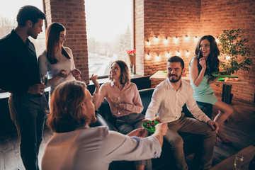 Poster - Close up photo cheer having fun event six members company buddies she her ladies he him his guys wineglasses golden wine beverage wear dresses shirts formalwear hang out sit sofa loft room indoors