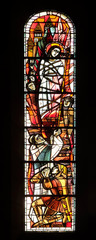 Saint Joan of Arc's Death at the Stake, stained glass window in Basilica of the Sacre Coeur, dedicated to the Sacred Heart of Jesus in Paris, France 