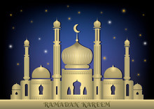 Magic Mosque With Minarets Against A Starry Blue Sky. Ramadan Kareem Design Background. Vector Illustration.
