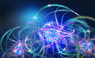 Aufkleber - Artificial Intelligence. Big data core. Neon light pulses. Abstract concept of nerve endings in computer neural networks. 3D illustration of a global data beam