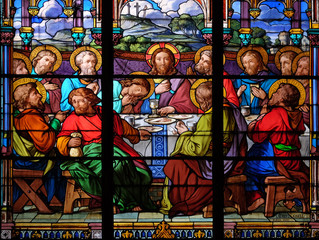 Last Supper, stained glass windows in the Saint Eugene - Saint Cecilia Church, Paris, France 