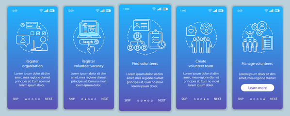 volunteering onboarding mobile app page screen vector template