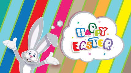 Wall Mural - Happy Easter greeting card,Easter Bunny with text -Happy Easter-in a thinking cloud with colorful pattern on a background