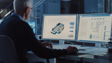 Leinwandbilder - Professional Heavy Industry Engineer Works on Computer Uses CAD Software with Integrated development environment to Design Industrial Machinery Component. Over the Shoulder Shot