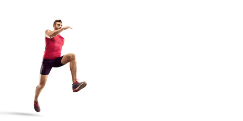 Wall Mural - Isolated Male athlete sprinting. Men on white background in sport clothes run