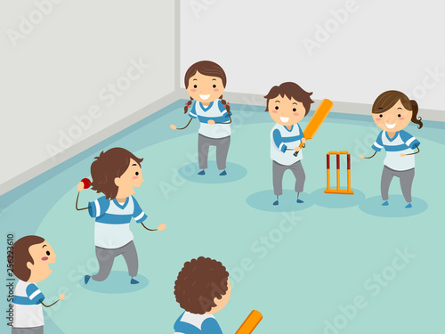 Stickman Kids Play Indoor Cricket Illustration