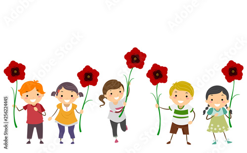 Stickman Kids Poppy Flowers Remembrance Day