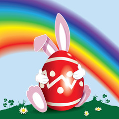 Wall Mural - Cute pink Easter Bunny behind red colored egg decorated with ornaments in landscape and rainbow on background