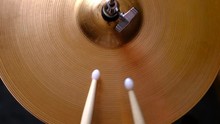 Close Up Of Drum Plate Hi Hat And A Drummer Playing On Drums. Top View. 4k.