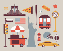 New York city, vector flat illustration, icon set