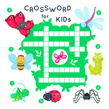 Cute Cartoon Baby Insects Crossword For Kids.  Puzzle Game For Children. Butterfly And Bug, Bee And Dragonfly.  Vector  Illustration.