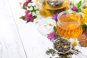 Wall Mural - fresh flower honey, tea and ingredients on white background, top view