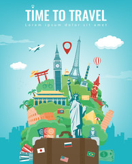 Wall Mural - Travel composition with famous world landmarks. Travel and Tourism concept. Vector