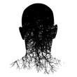 This silouette of a man’s head morphs into roots in this black and white background