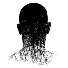 This Silouette Of A Man’s Head Morphs Into Roots In This Black And White Background