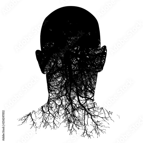 Cuadros en Lienzo This silouette of a man’s head morphs into roots in this black and white backgro