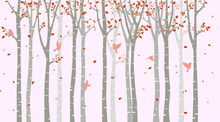 Birch Tree With Birds Silhouette On Pink Background