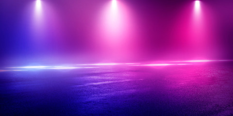 Wall Mural - Background of the room with concrete pavement. Blue and pink neon light. Smoke, fog, wet asphalt with reflection of lights. Abstract light, searchlight rays. Night view of the street with lights, dark