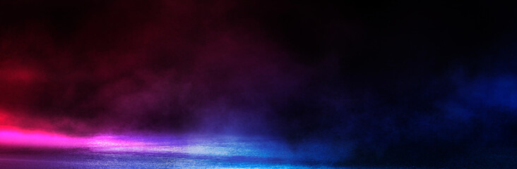 Wall Mural - background of the room with concrete pavement. blue and pink neon light. smoke, fog, wet asphalt wit