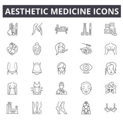 Aesthetic medicine line icons. Editable stroke signs. Concept icons: face, treatment, female procedure, skin beauty etc. Aesthetic medicine outline illustrations