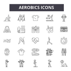 Aerobics line icons. Editable stroke. Concept illustrations: gym, fitness, workout, training, exercise class, body fit etc. Aerobics  outline icons