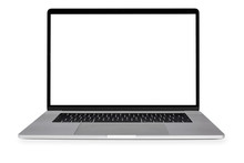 Front View Of A Generic Modern Laptop With A White Screen And Isolated On A White Background (copy Space).