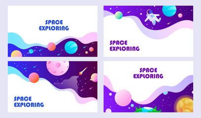 Wall Mural - Set of templates for web banner, landing, card, flyer, presentation. Space explore. Children cartoon vector illustration.