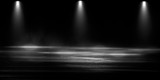 Fototapeta Do przedpokoju - Wet asphalt, reflection of neon lights, a searchlight, smoke. Abstract light in a dark empty street with smoke, smog. Dark background scene of empty street, night view, night city.