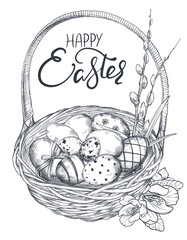 Wall Mural - Vector illustration of hand drawn ornate eggs and spring flowers in the basket.