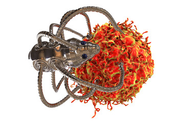 Sticker - Nanobot attacking cancer cell, nanotechnology medical concept, 3D illustration. Nano sized robots developed to treat cancer