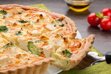 Quiche Pie With Broccoli, Feta Cheese And Tomatoes Close Up