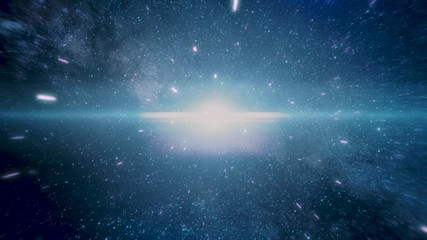 crazy fast flight in hyperspace of space among nebulae and blue stars and black cosmic background. f