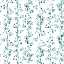 Hand Drawn Floral Seamless Pattern Background With Vertical Green Graphic Bluebell Flowers On White Background