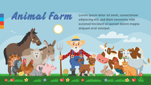 Vector Template Of Funny Animal Farm With Farmer And Pet: Cow, Horse, Donkey, Sheep, Goat, Hen, Rooster, Turkey, Rabbit, Cat And Dog.