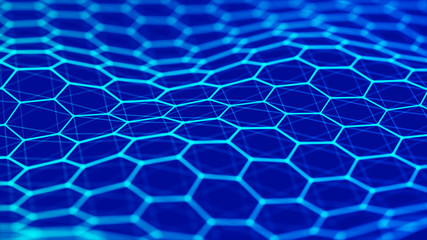 Fototapete - Data technology background. Hexagon background. Abstract background. Connecting dots and lines on dark background. 3D rendering. 4k.
