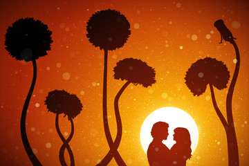 Sticker - Lovers and dandelions at red sunset. Vector conceptual illustration with silhouette of loving couple. Summer bright landscape with setting sun and flying fluff